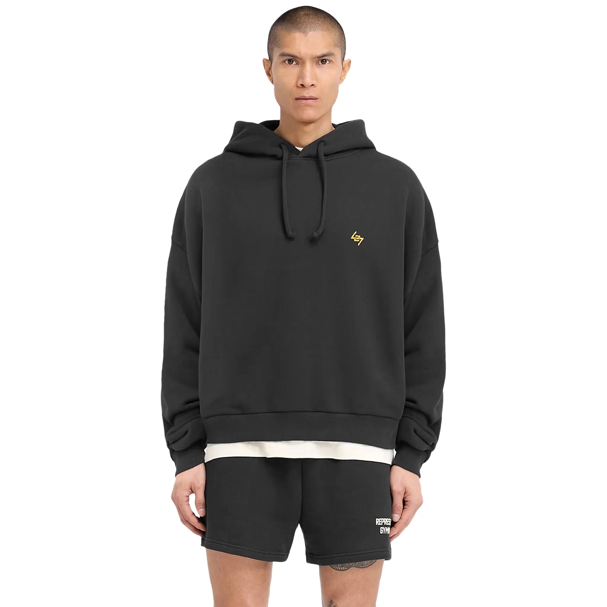 Front Detail view of Represent 247 On His Shoulders Boxy Off Black Hoodie 247M475-171